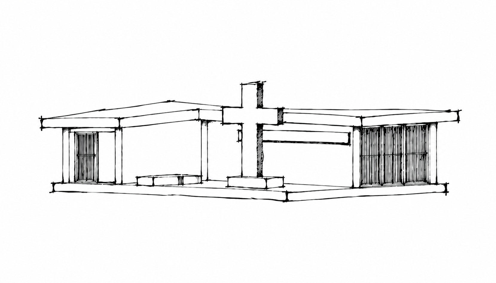 Concept chapel with an open central roof, a cross, seating and gated side entrances; another view.