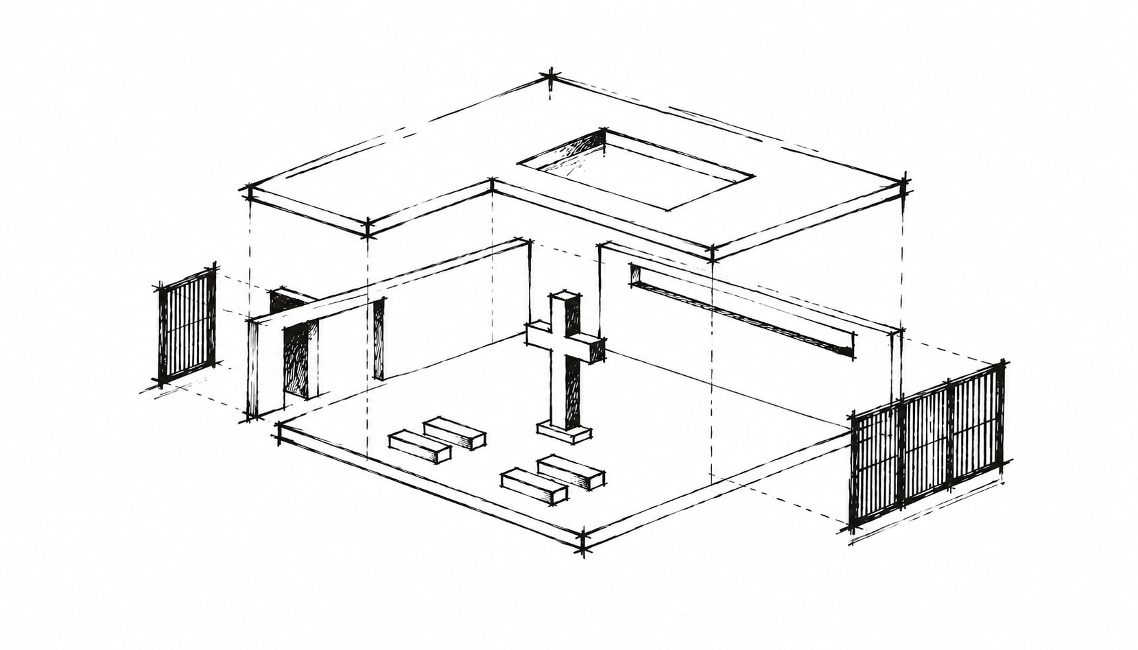 Concept chapel with an open central roof, a cross, seating and gated side entrances; overall design.